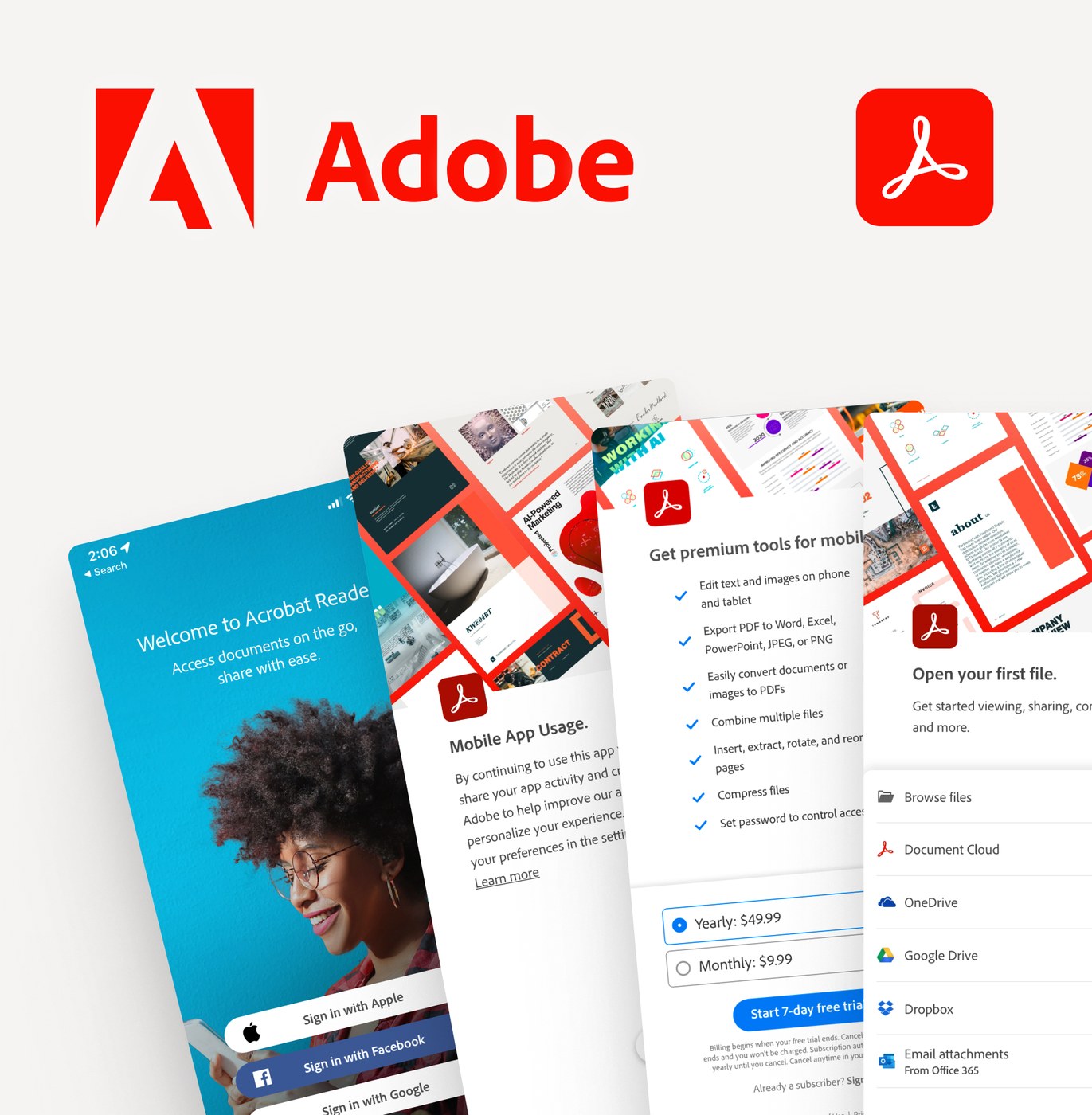 Adobe Acrobat Reader — mobile app onboarding and premium tools UX design