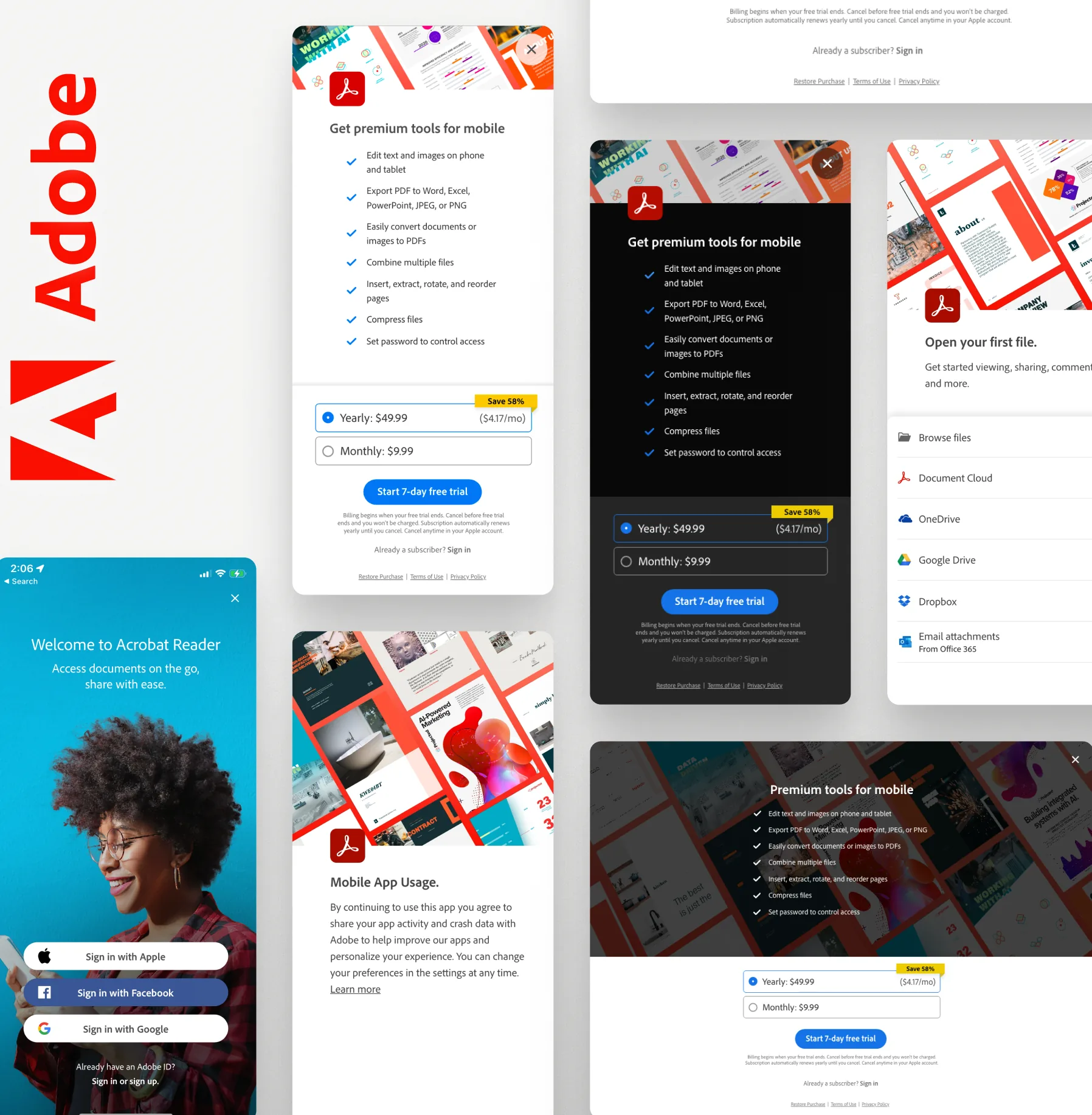Adobe Acrobat mobile onboarding screens: sign-in, premium tools paywall in light and dark, and file source list