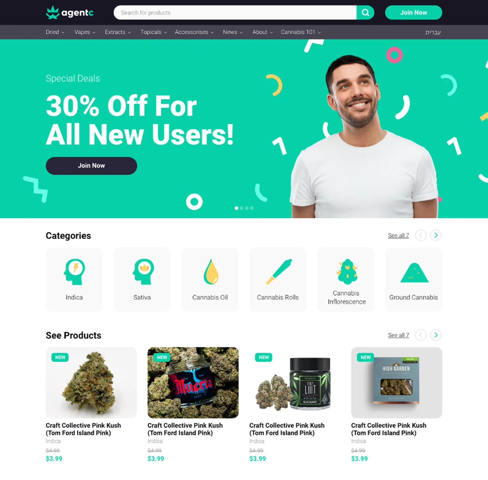 AgentC web storefront home page with 30% off banner, product categories, and product cards
