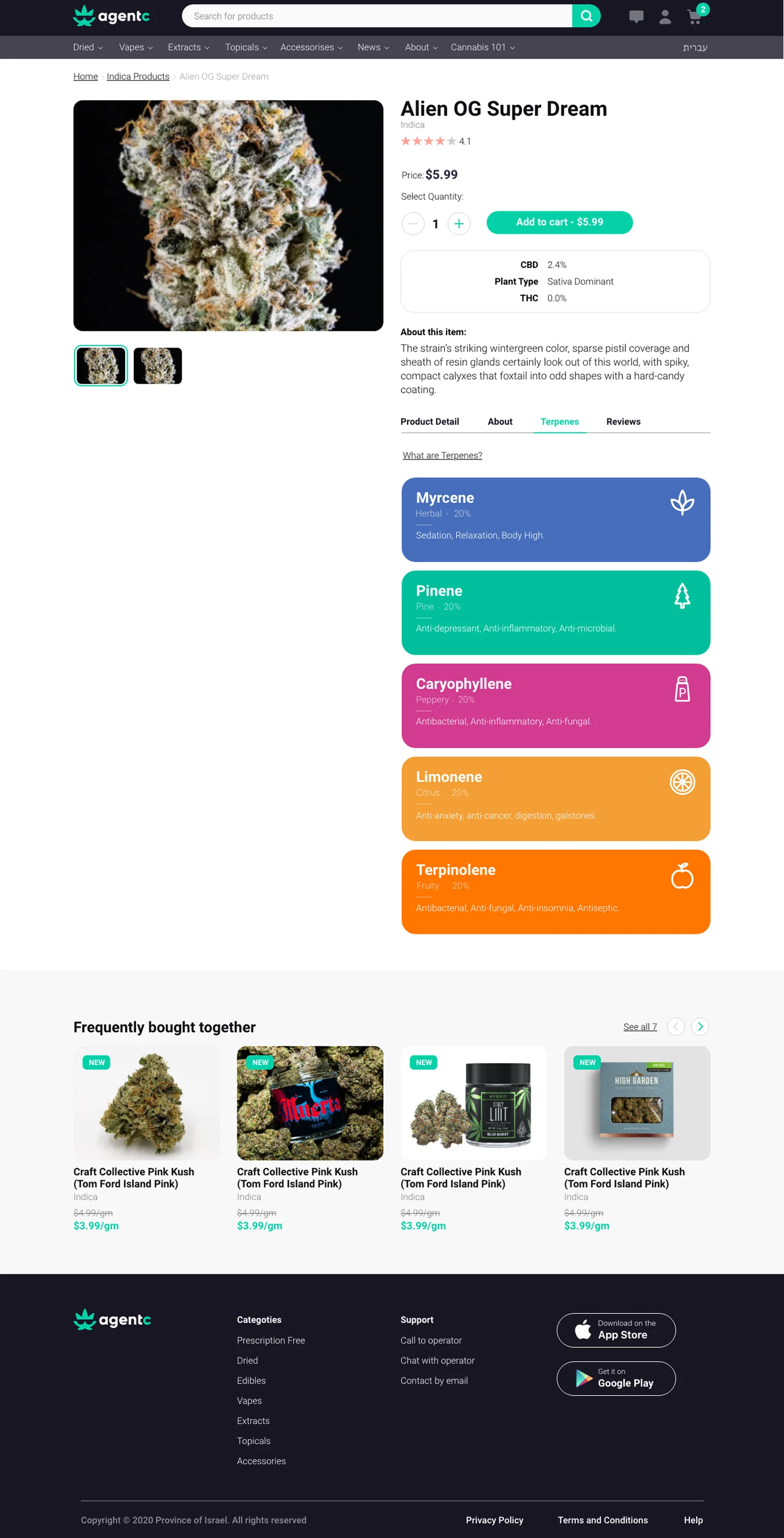 AgentC web product page with strain details, terpene cards, related products, and footer
