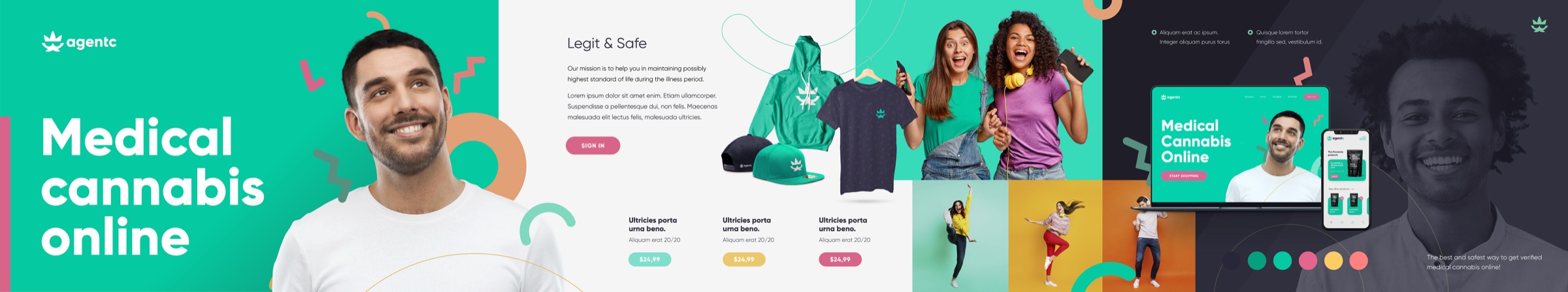 AgentC brand banner with teal hero, merchandise, lifestyle photos, and website and mobile mockups