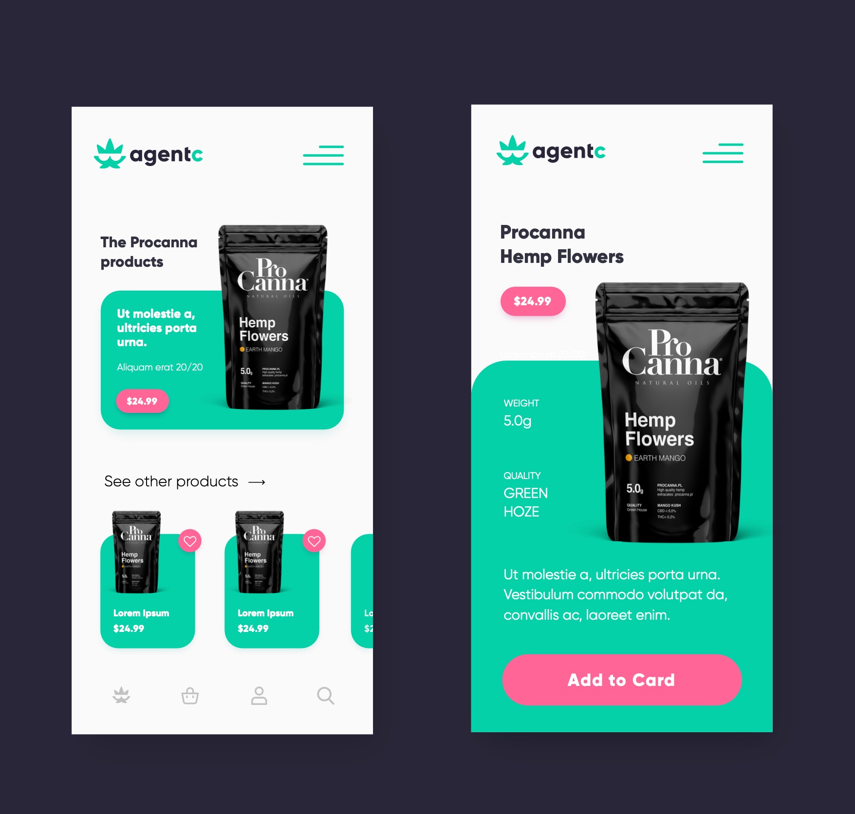 AgentC mobile product list and product detail screens for a hemp flowers item with add to cart button