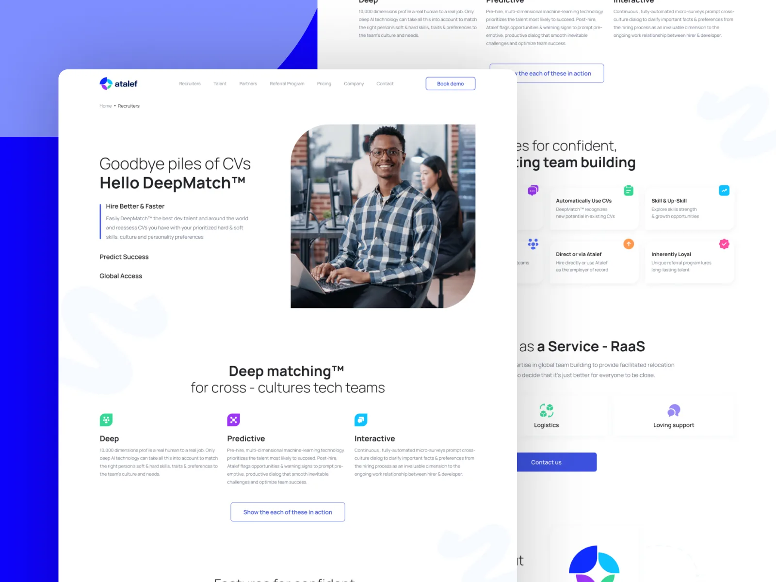 Atalef DeepMatch recruiters page with hero photo, deep matching features, and service cards