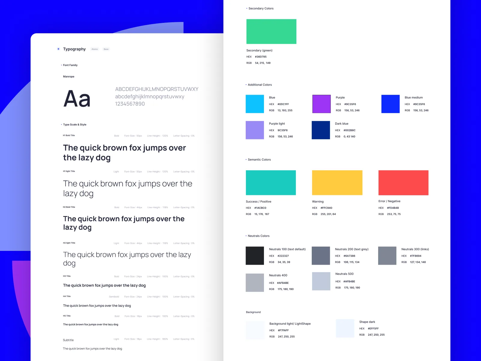 Atalef design system page showing Manrope typography scale and color palette swatches