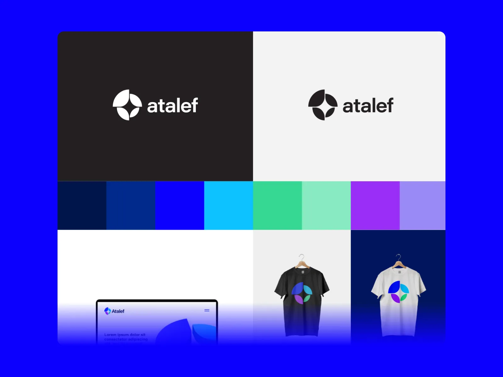 Atalef logo in dark and light versions, color palette strip, and branded t-shirt mockups