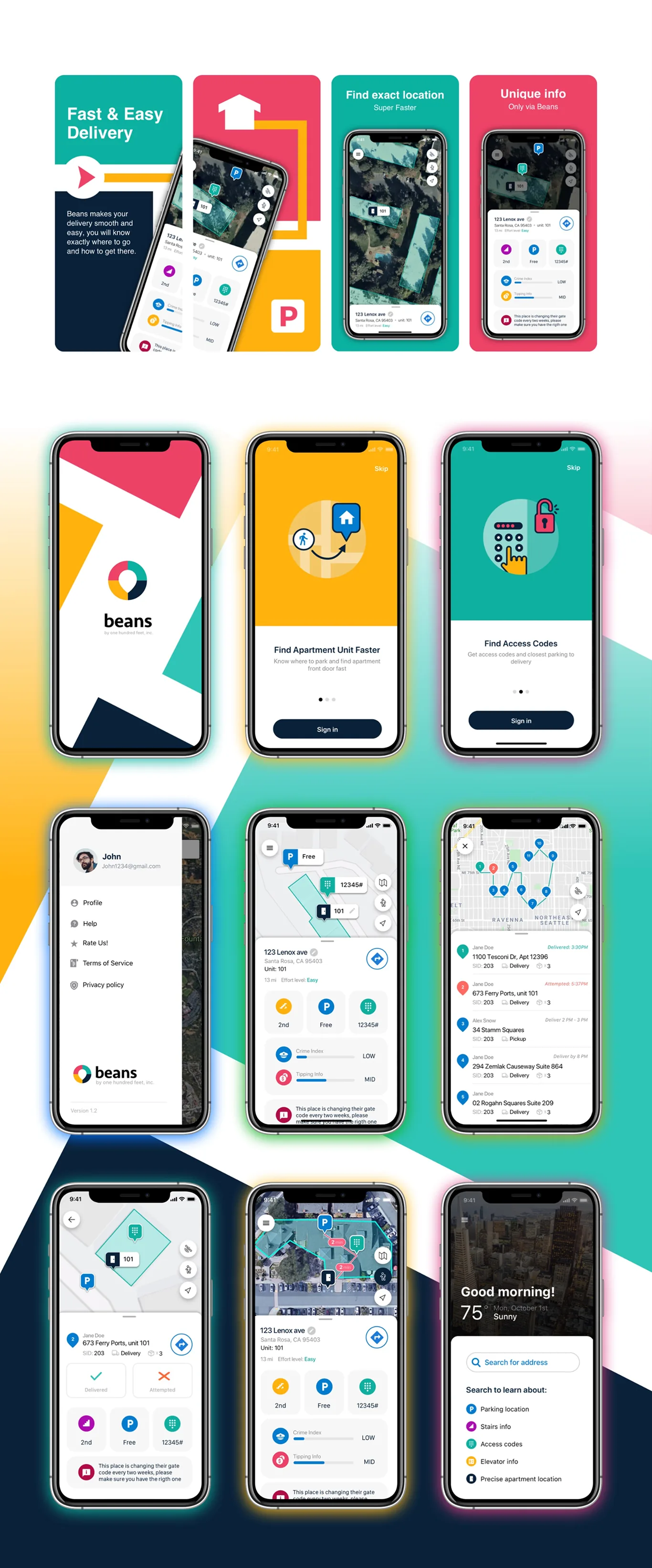 Beans.ai delivery navigation app store images and iPhone screens: onboarding, apartment map, route list, and search