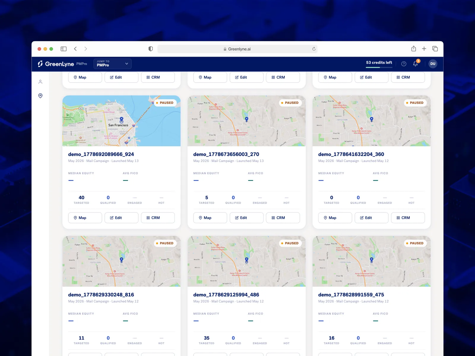 GreenLyne PMPro campaigns grid with map thumbnails, paused status, and targeted counts
