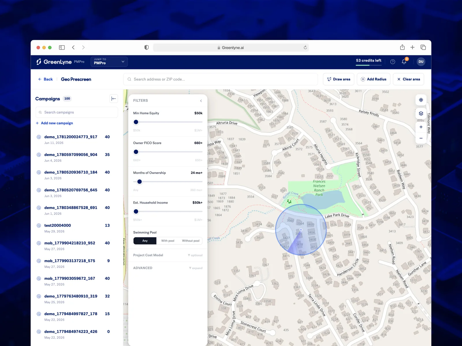 GreenLyne Geo Prescreen with campaign list, filter sliders, and a radius drawn on a neighborhood map
