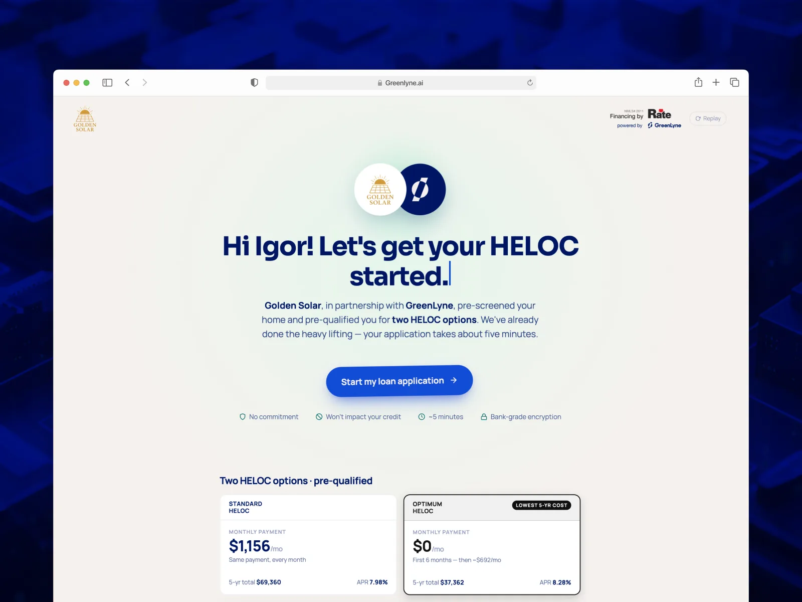 GreenLyne borrower landing page offering two pre-qualified HELOC options with a start application button