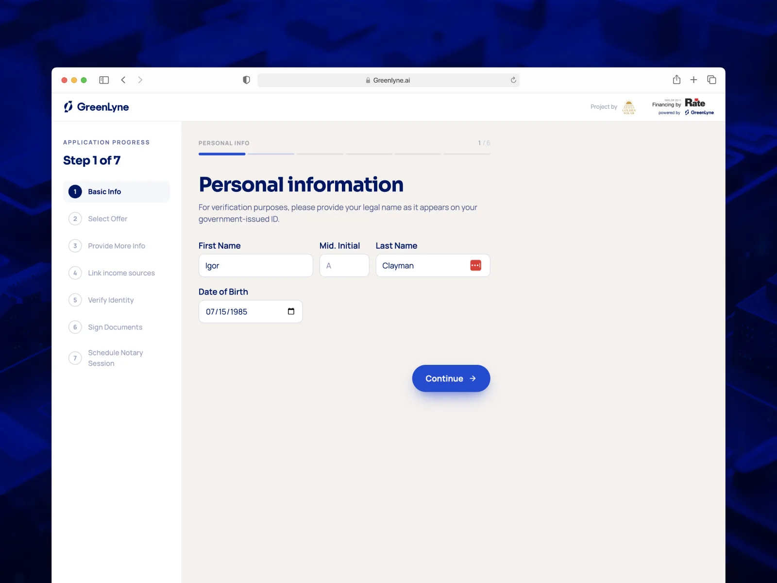 GreenLyne loan application step 1 personal information form with seven-step progress sidebar