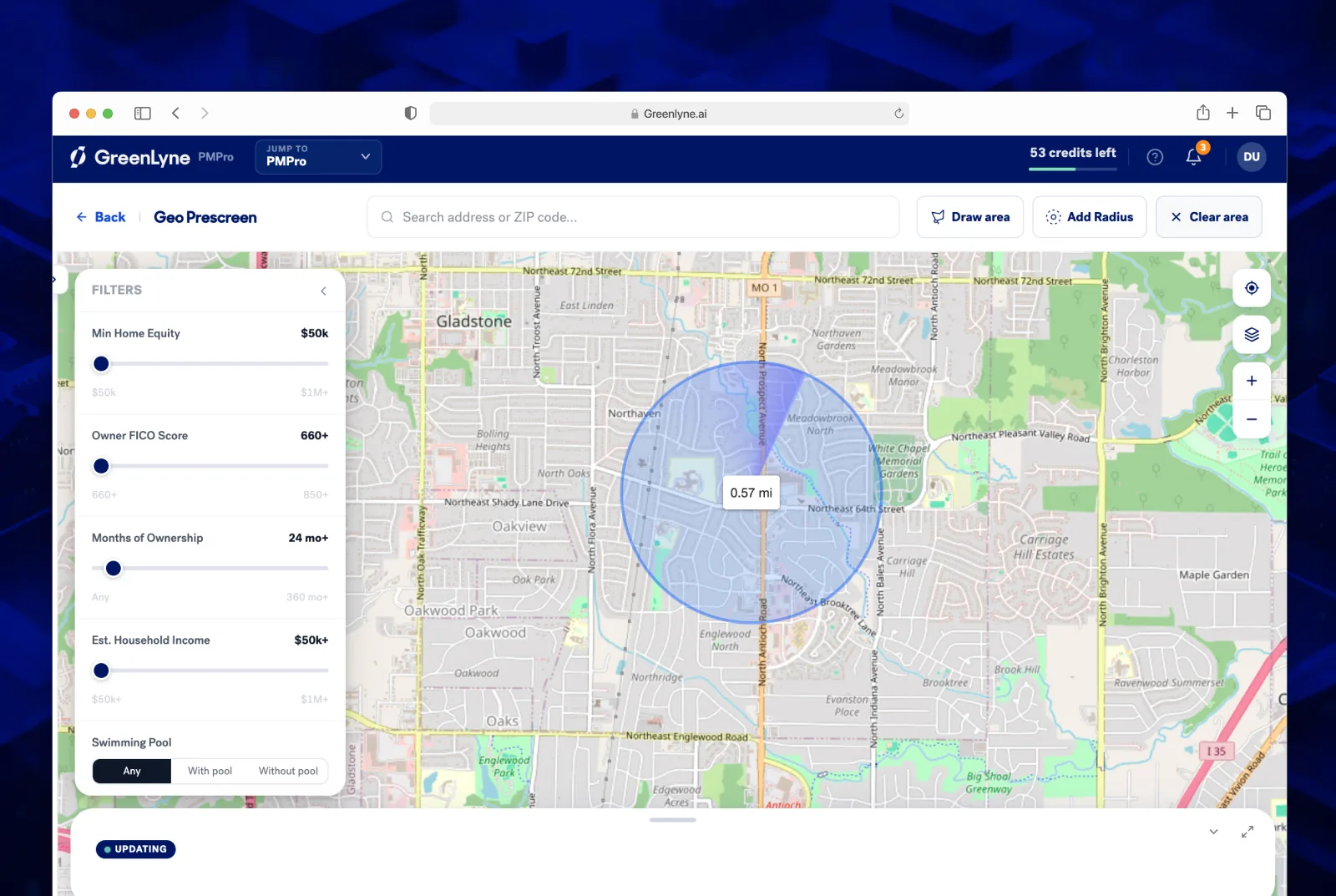 GreenLyne Geo Prescreen map with home equity and FICO filters and a 0.57 mile radius circle