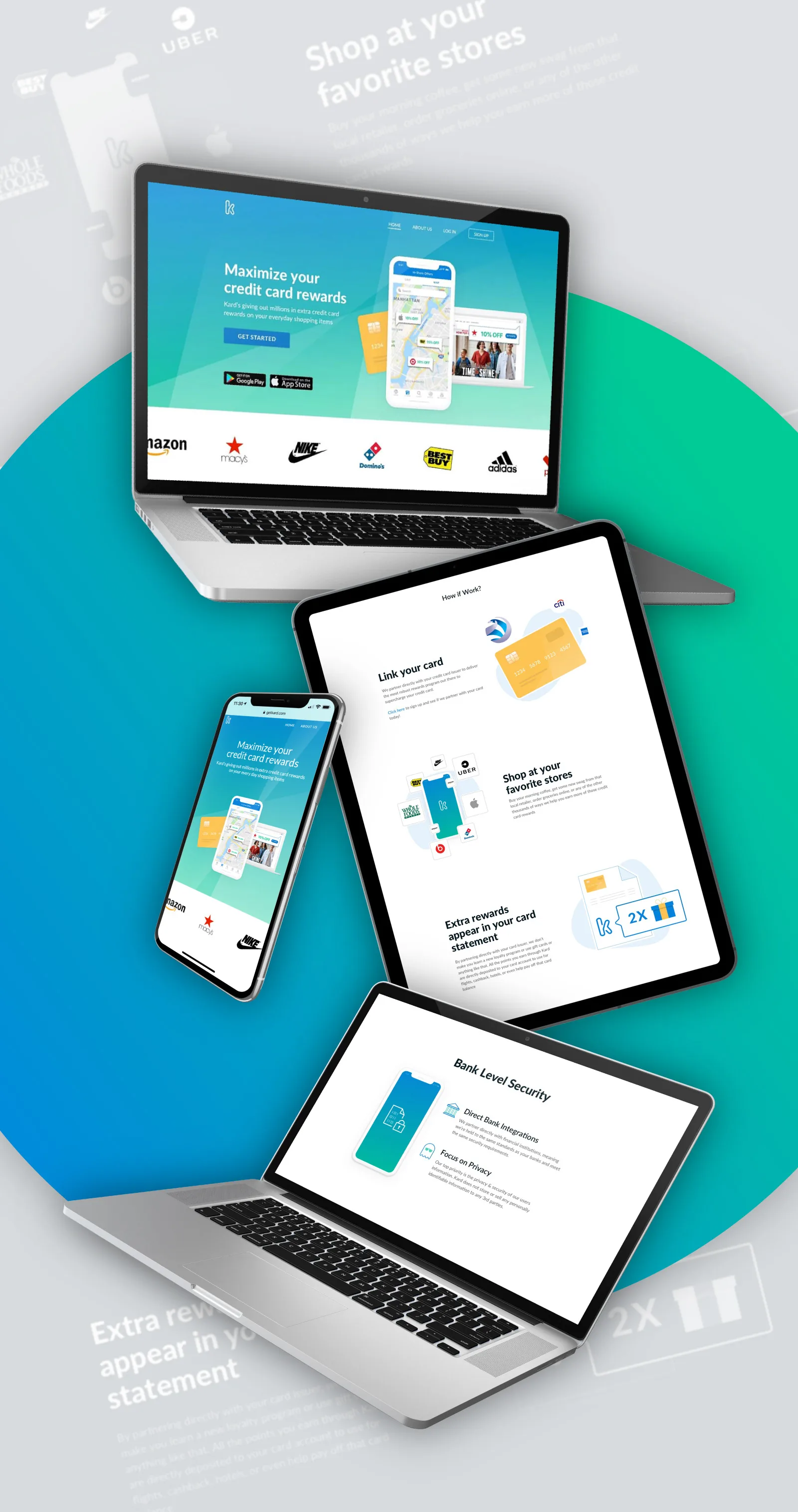 Kard website on laptop, phone, and tablet with credit card rewards hero, how it works, and security sections