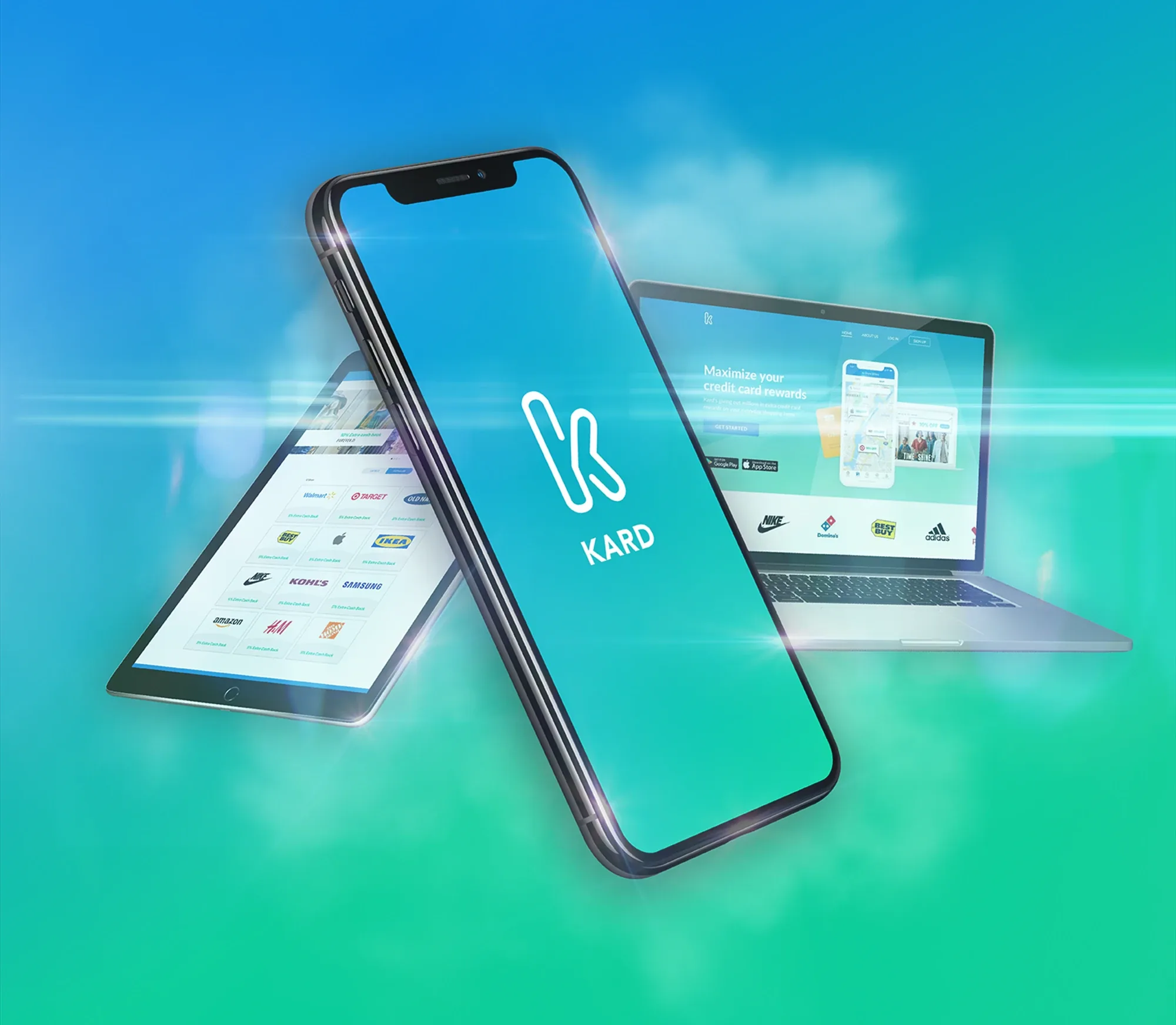 Kard app splash on an iPhone with a tablet store grid and laptop website behind it