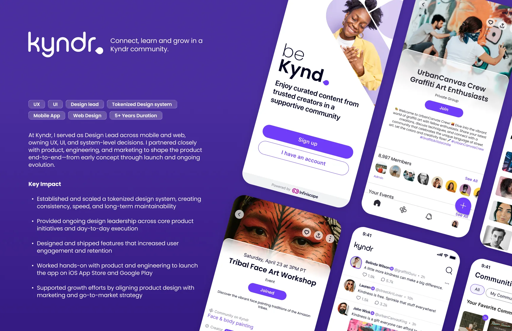 Kyndr project overview with role summary, key impact list, and several community app screens on a purple background