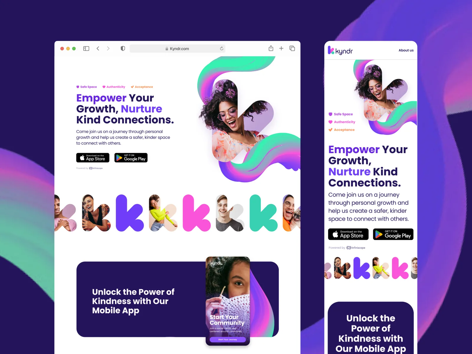Kyndr marketing website on desktop and mobile with hero headline, app store buttons, and k-shaped photo strip