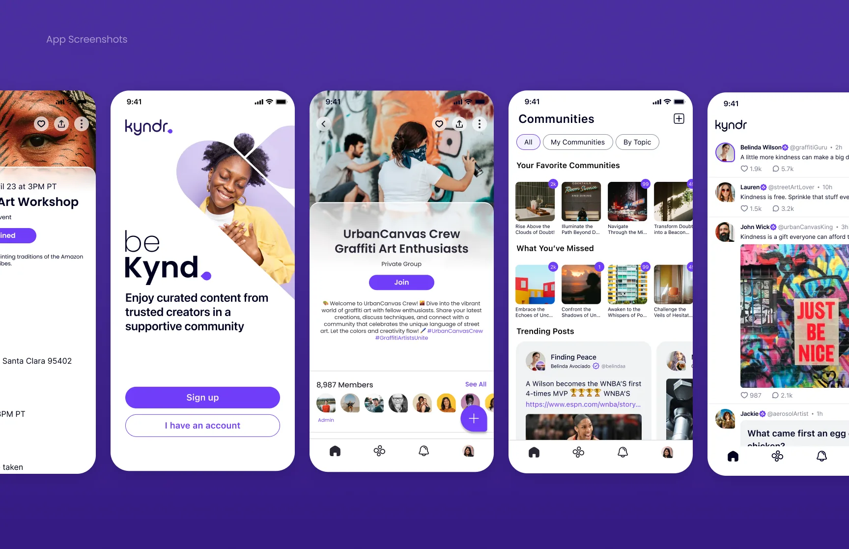 Kyndr app screens row: sign-up, group page, communities list, and post feed on iPhone