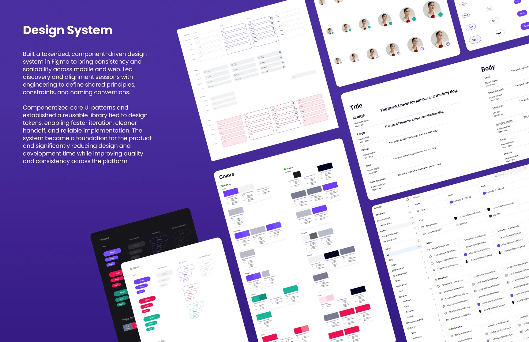 Kyndr design system collage with form inputs, avatars, buttons, color tokens, typography, and Figma variables