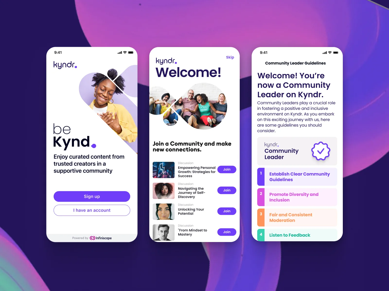 Kyndr welcome screen, community join list, and Community Leader guidelines screens on iPhone
