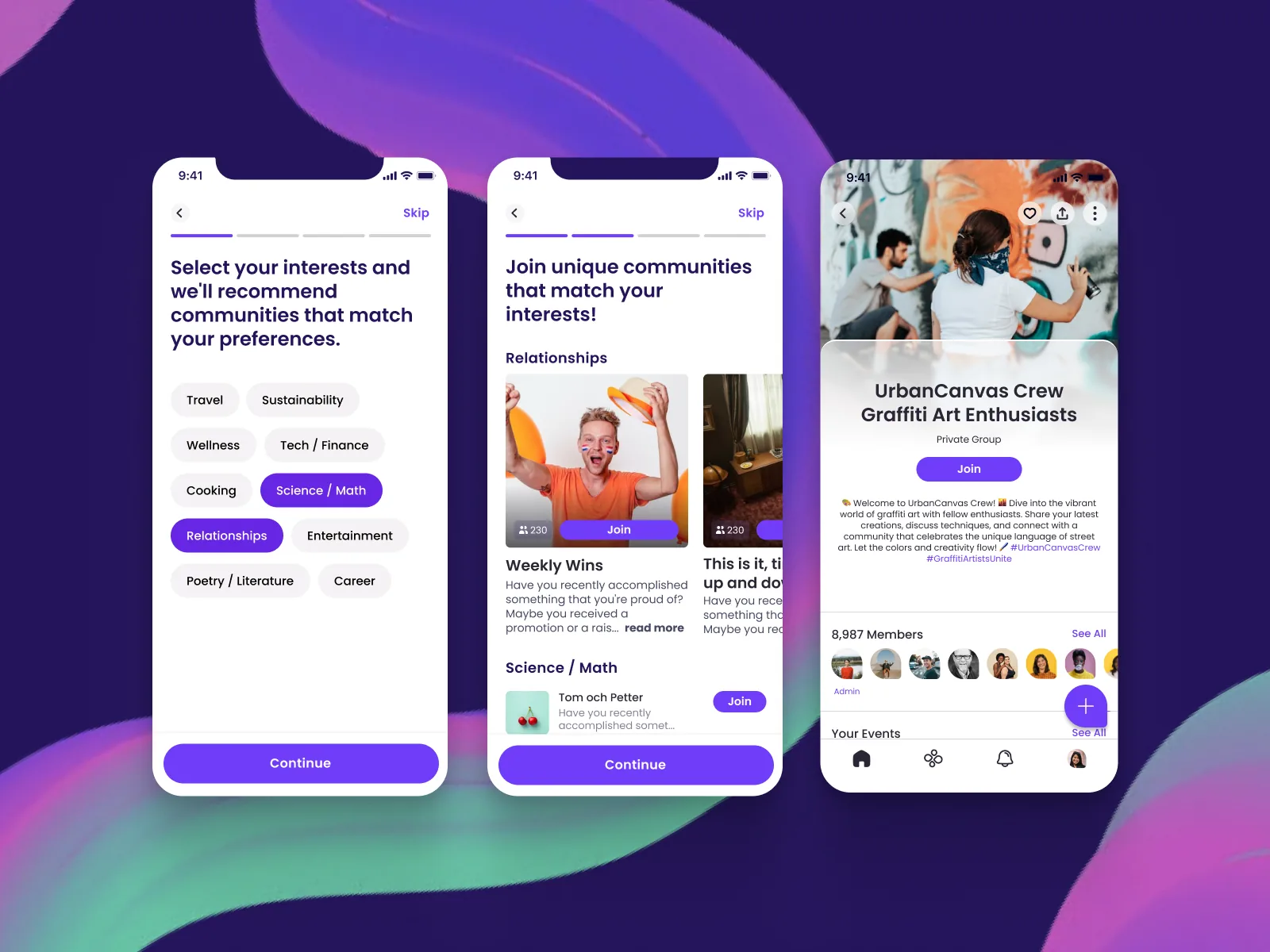 Kyndr onboarding interest picker, community recommendations, and group page with members on iPhone
