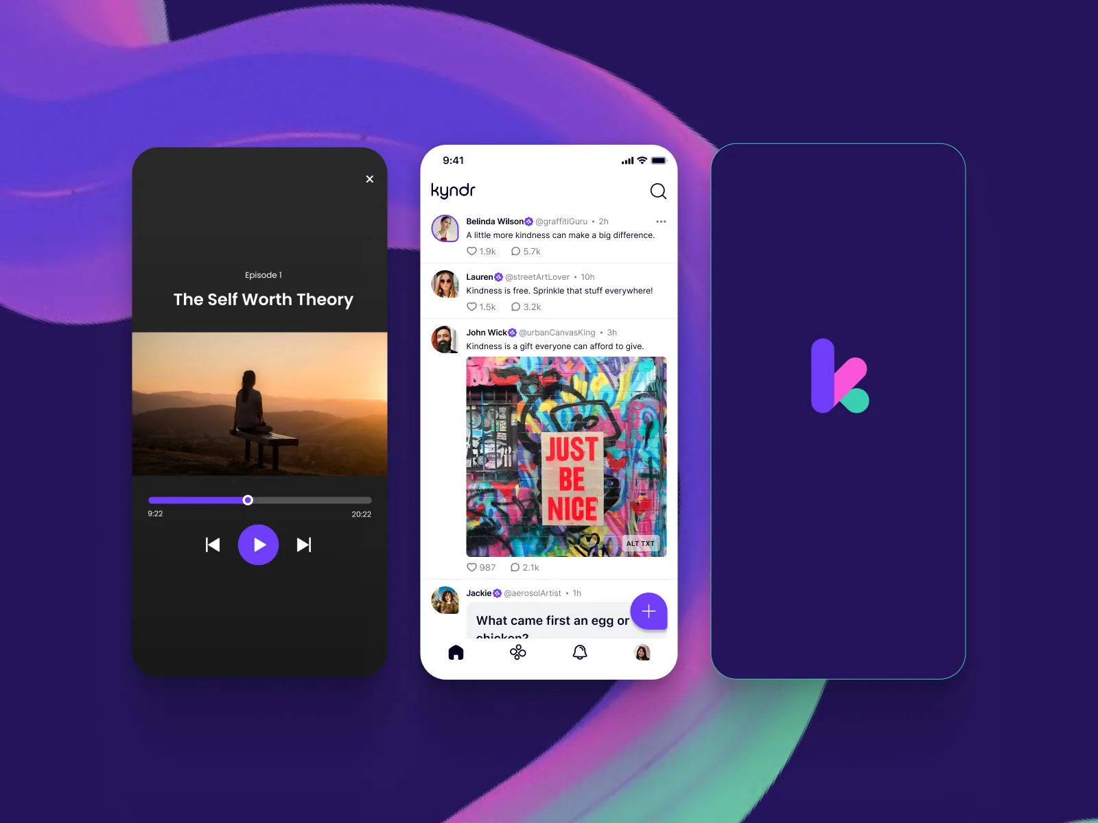 Kyndr dark audio player, home feed with posts and an image, and purple k logo splash screen