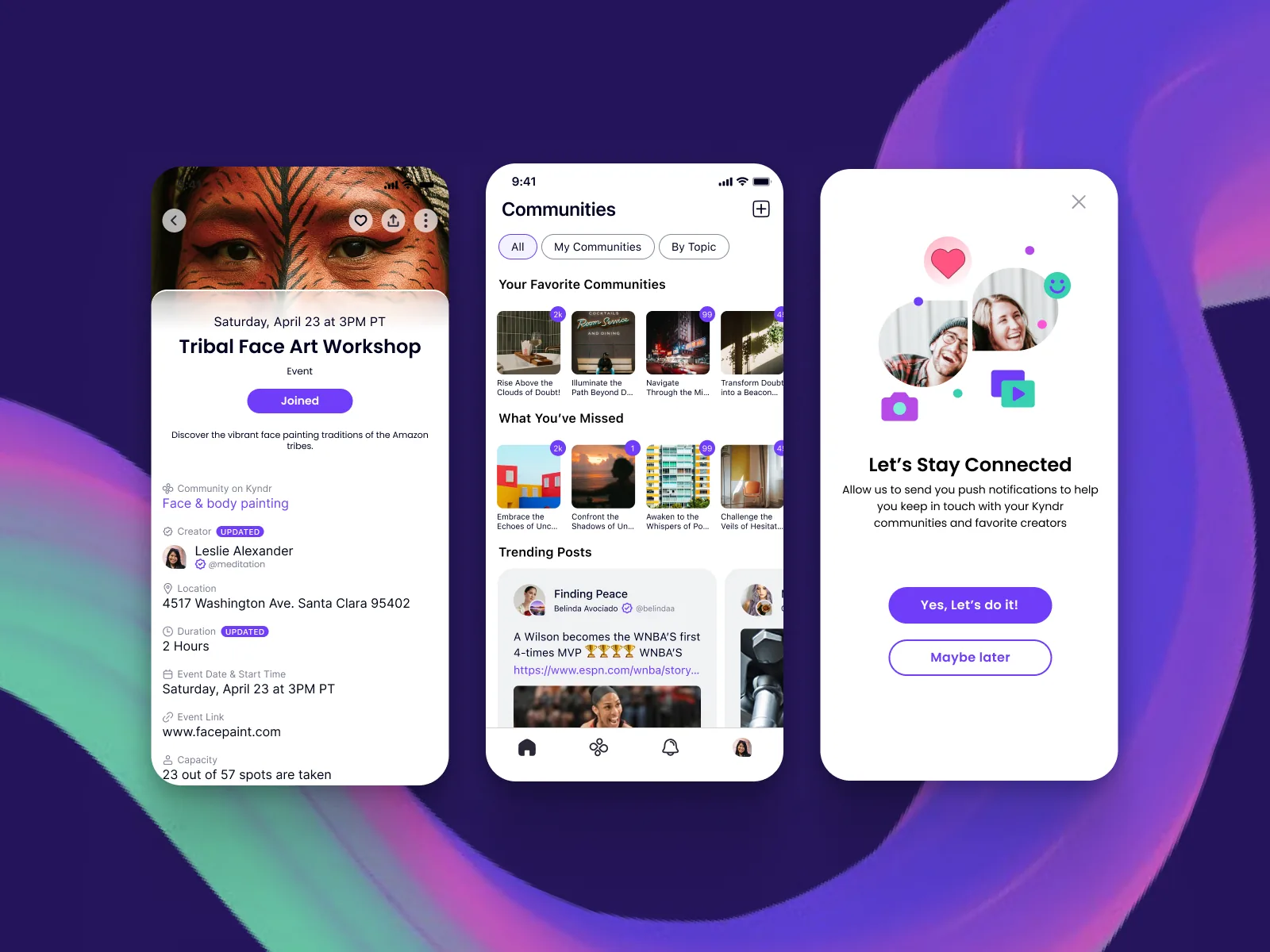 Kyndr event detail, Communities browse screen, and push notification permission prompt on iPhone