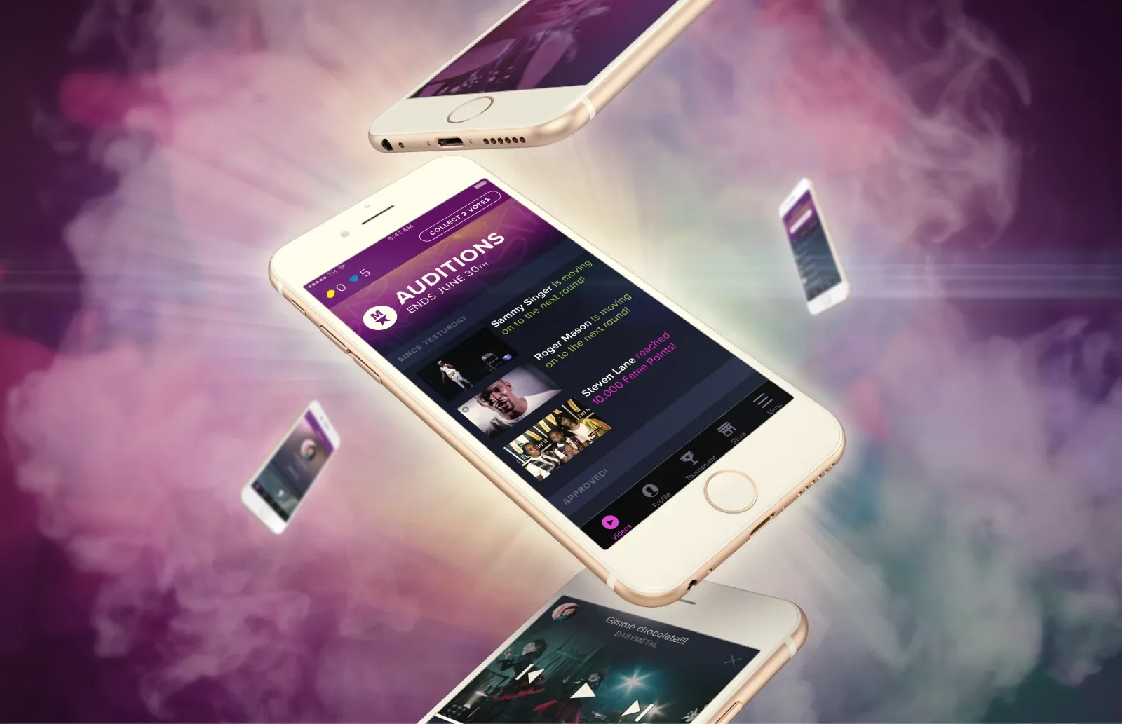 Megastar Millionaire app auditions screen on floating iPhones against a purple smoke background