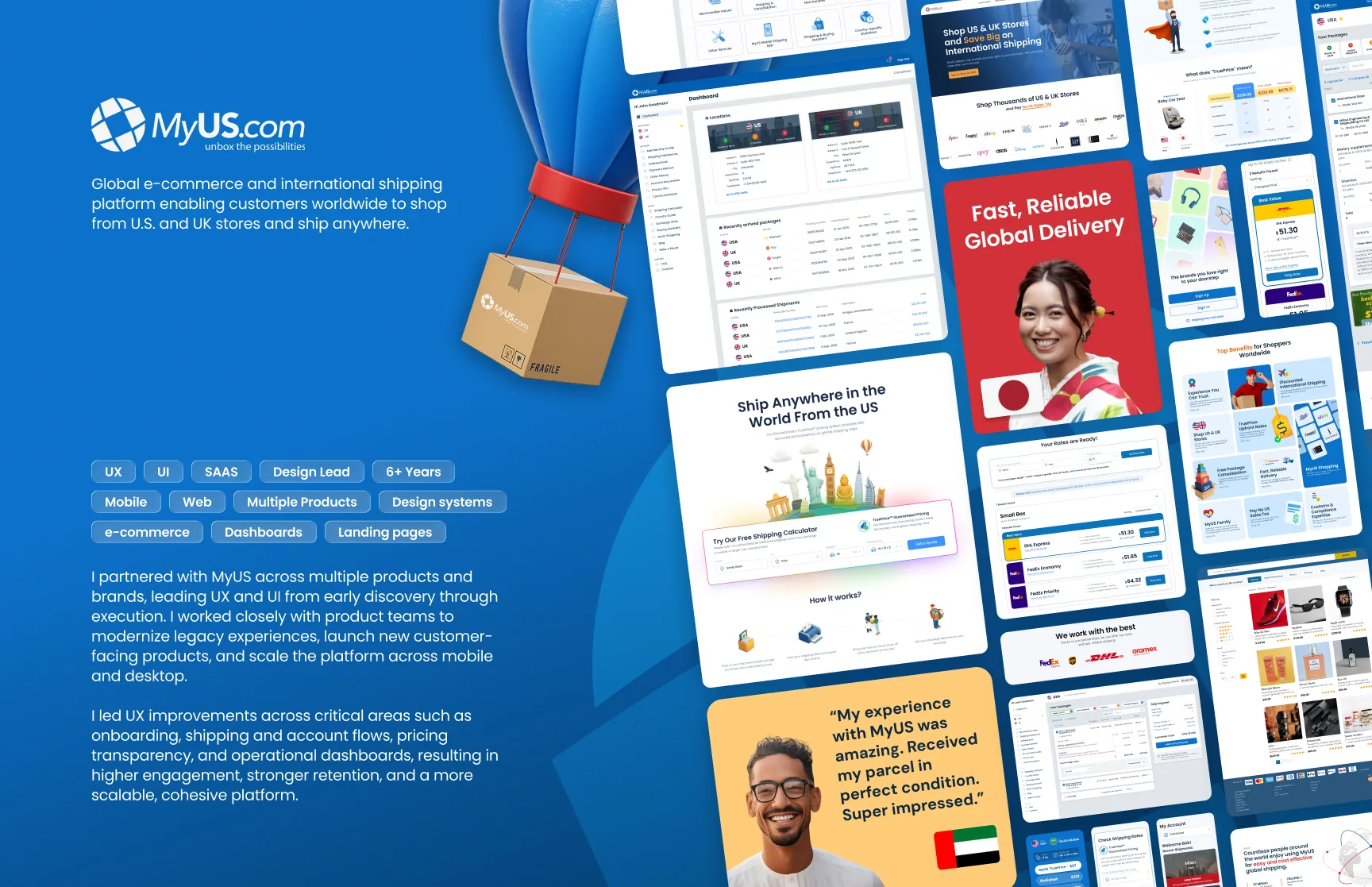 MyUS.com project overview with role tags and a collage of dashboard, landing page, calculator, and promo screens