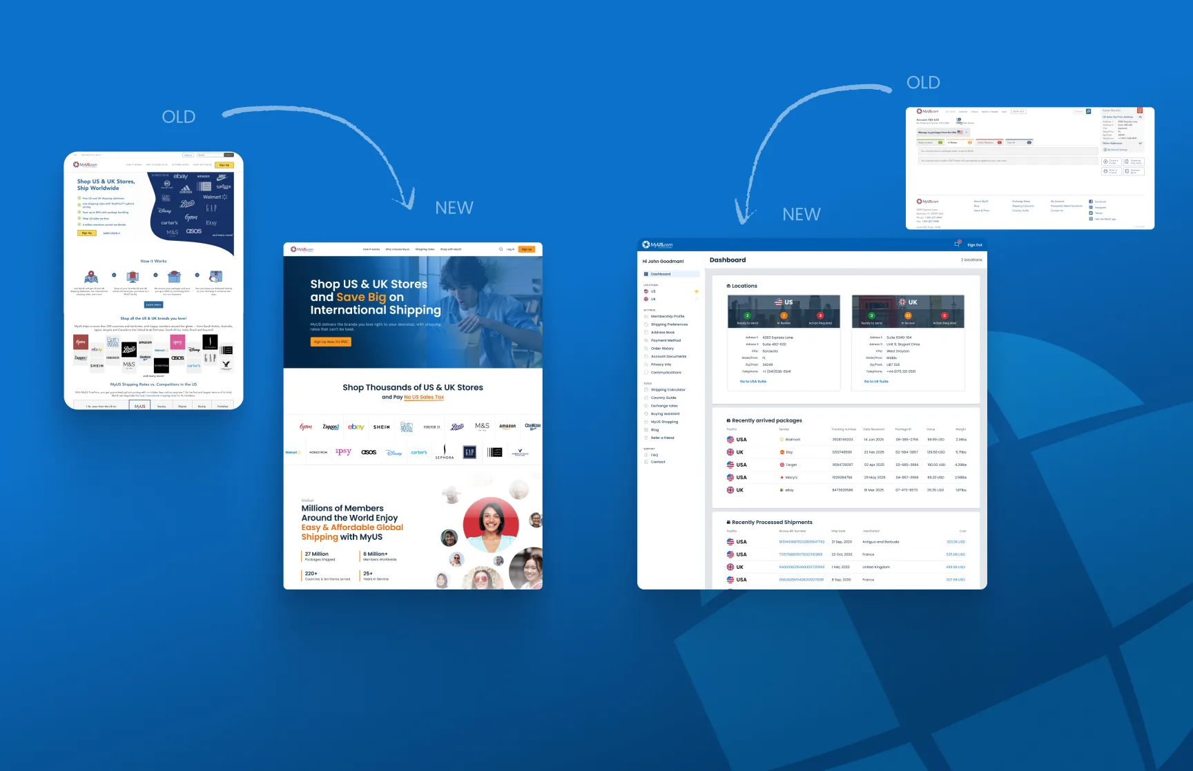 MyUS.com old versus new comparison of the homepage and account dashboard