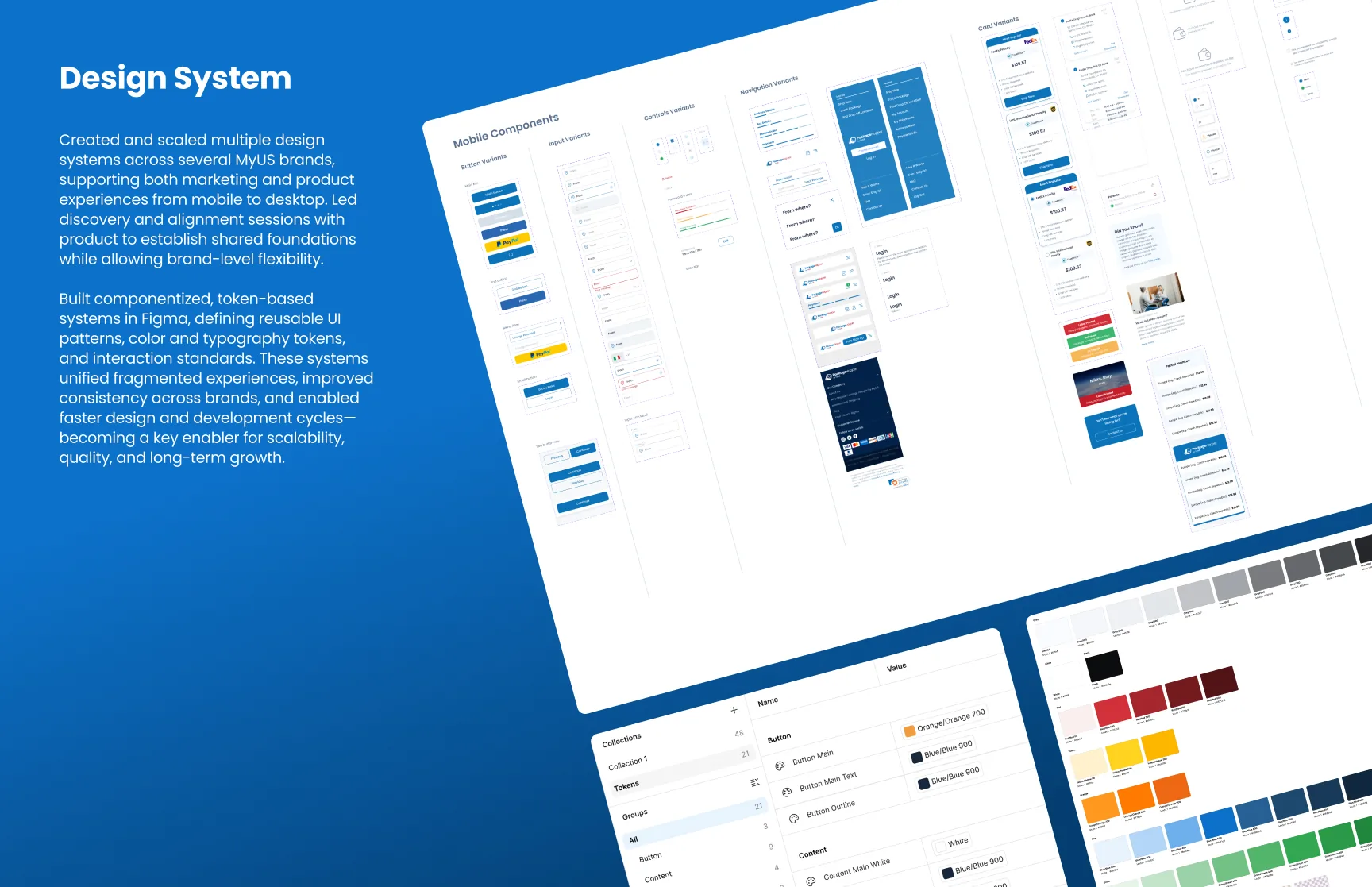 MyUS.com design system with mobile component variants, Figma token tables, and color palettes