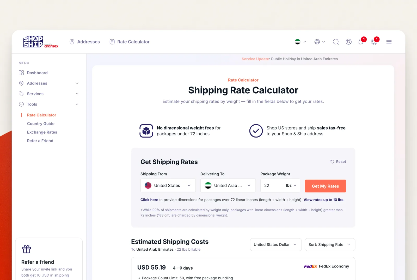 Shop & Ship shipping rate calculator with origin, destination, weight fields and estimated FedEx cost
