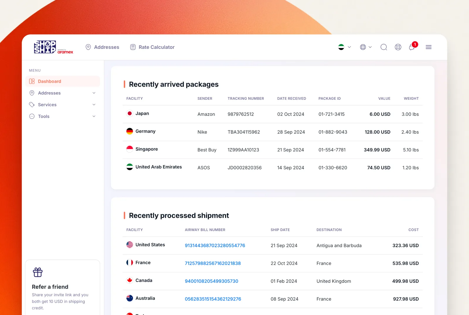 Shop & Ship dashboard with recently arrived packages and recently processed shipment tables