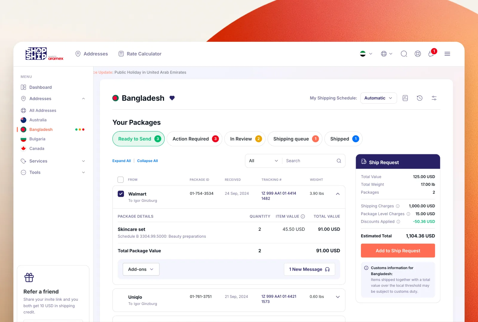 Shop & Ship Bangladesh address page with package list, status tabs, and ship request summary