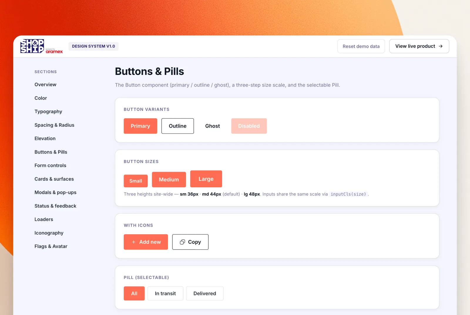 Shop & Ship design system page showing button variants, sizes, icons, and selectable pills