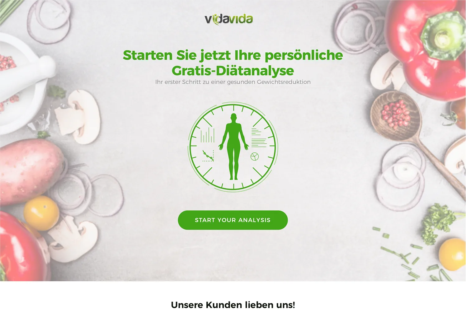 VidaVida landing page offering a free diet analysis with body clock illustration and start button
