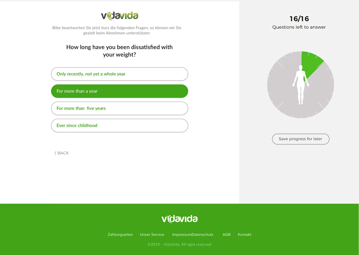 VidaVida diet analysis questionnaire question with answer options and progress dial