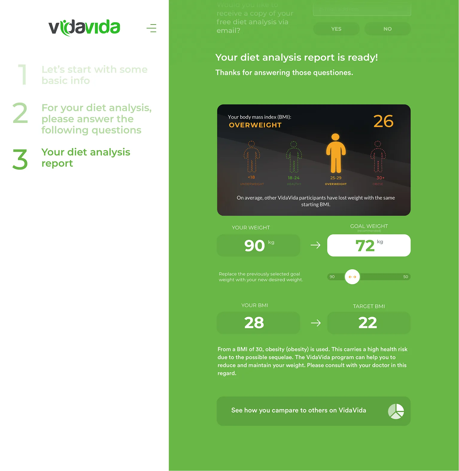 VidaVida diet analysis report ready screen with BMI graphic and weight goal slider