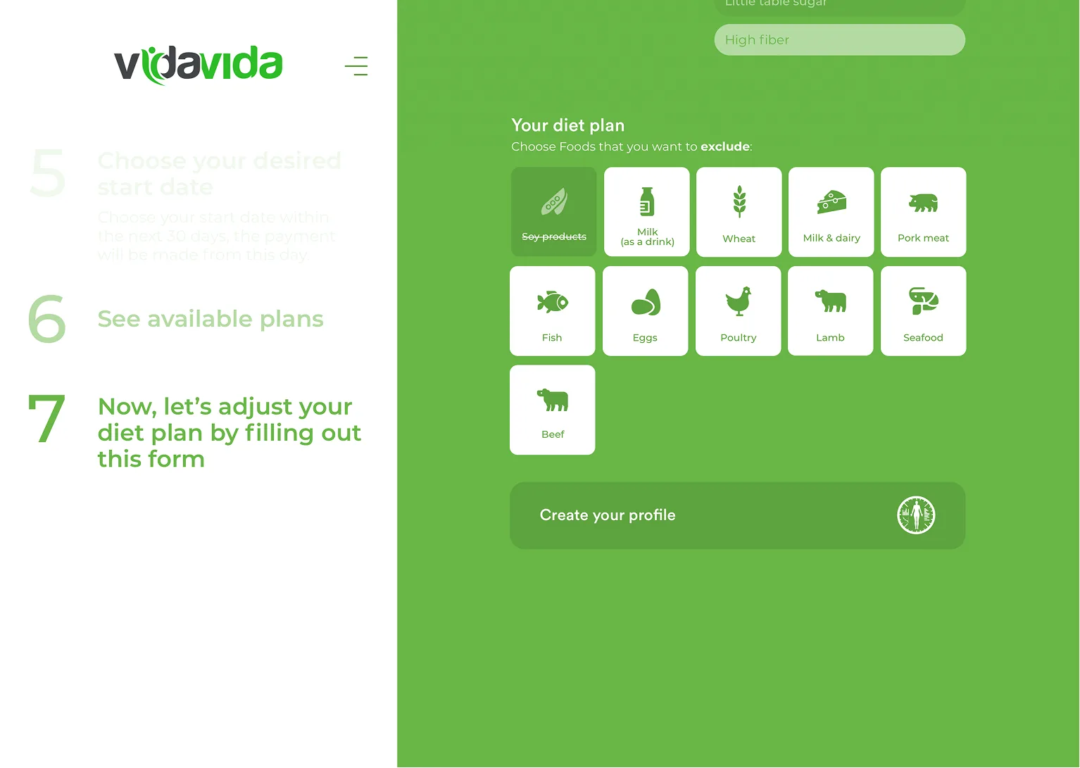 VidaVida diet plan screen for choosing foods to exclude, shown as icon tiles