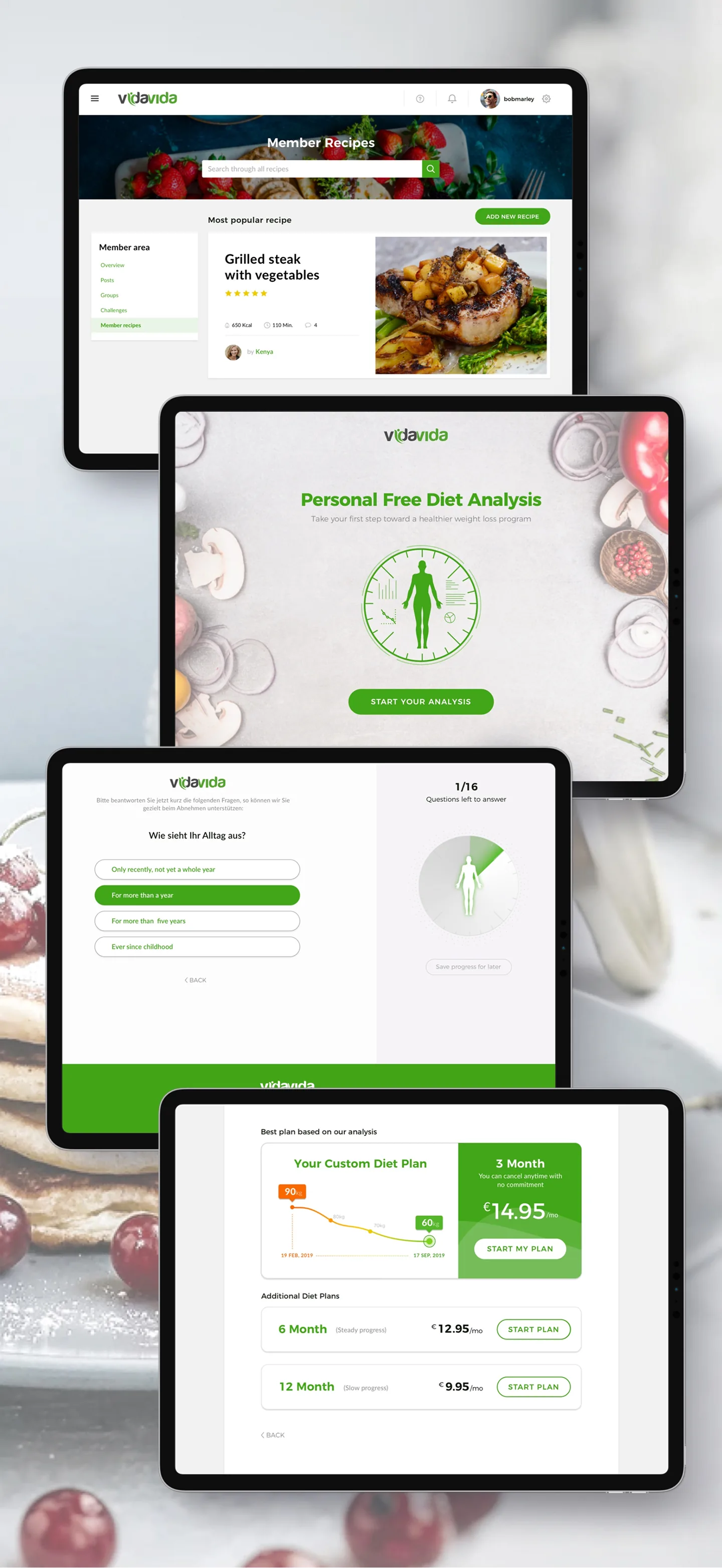 VidaVida tablet mockups: member recipes, diet analysis landing, questionnaire, and plan pricing
