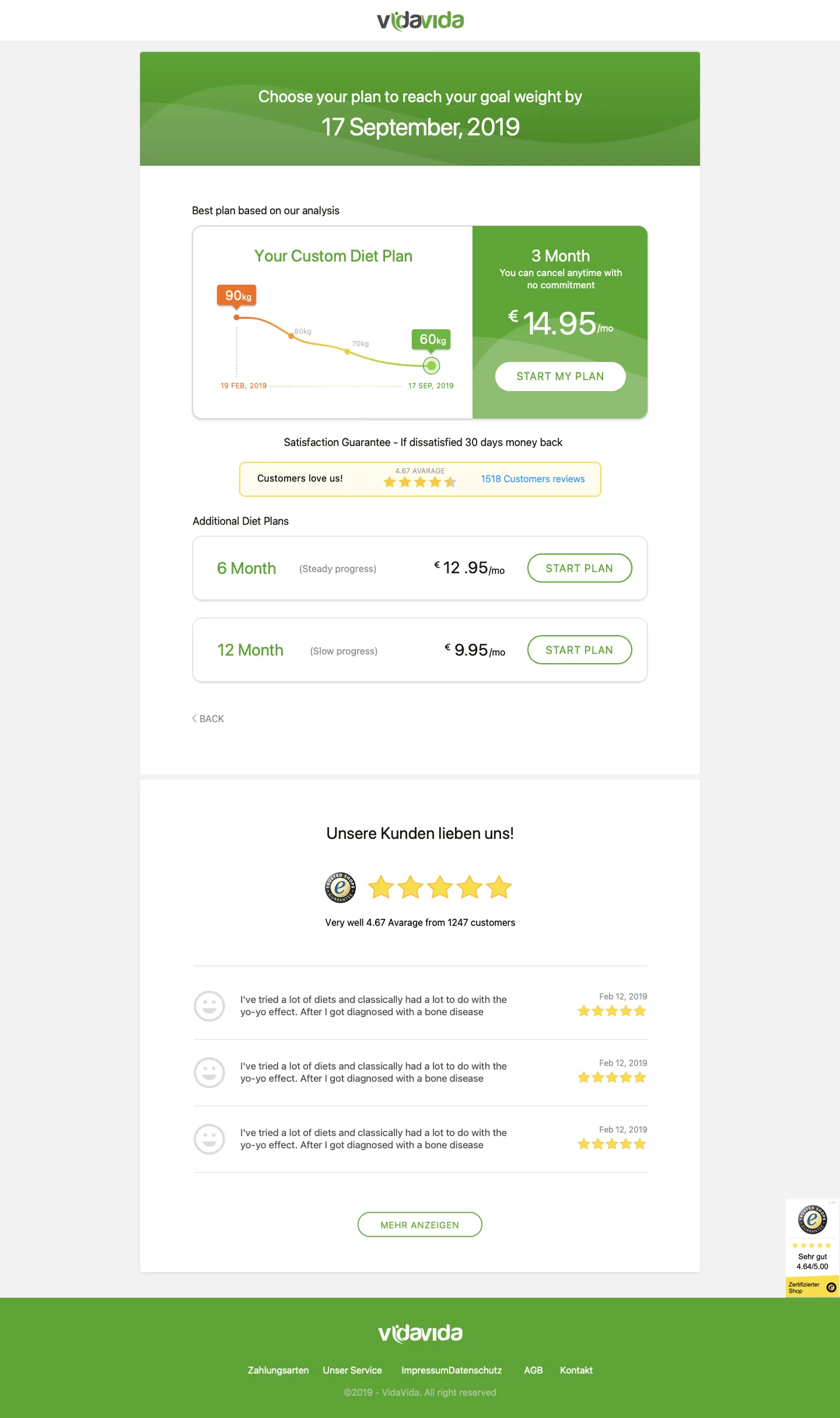 VidaVida plan selection page with 3, 6, and 12 month prices and customer reviews