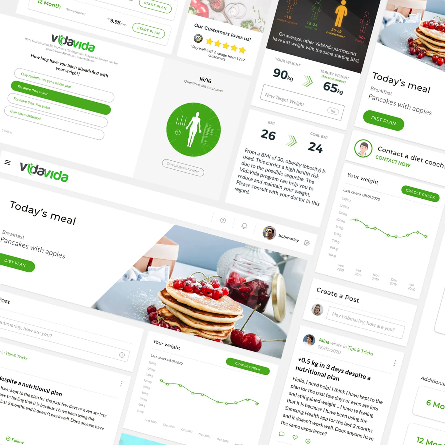 VidaVida collage of angled screens: questionnaire, BMI report, meal of the day, weight chart, and community post