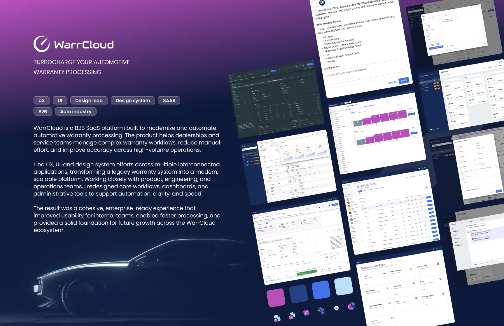 WarrCloud project overview with role tags, description, and a collage of dashboard and ticket screens