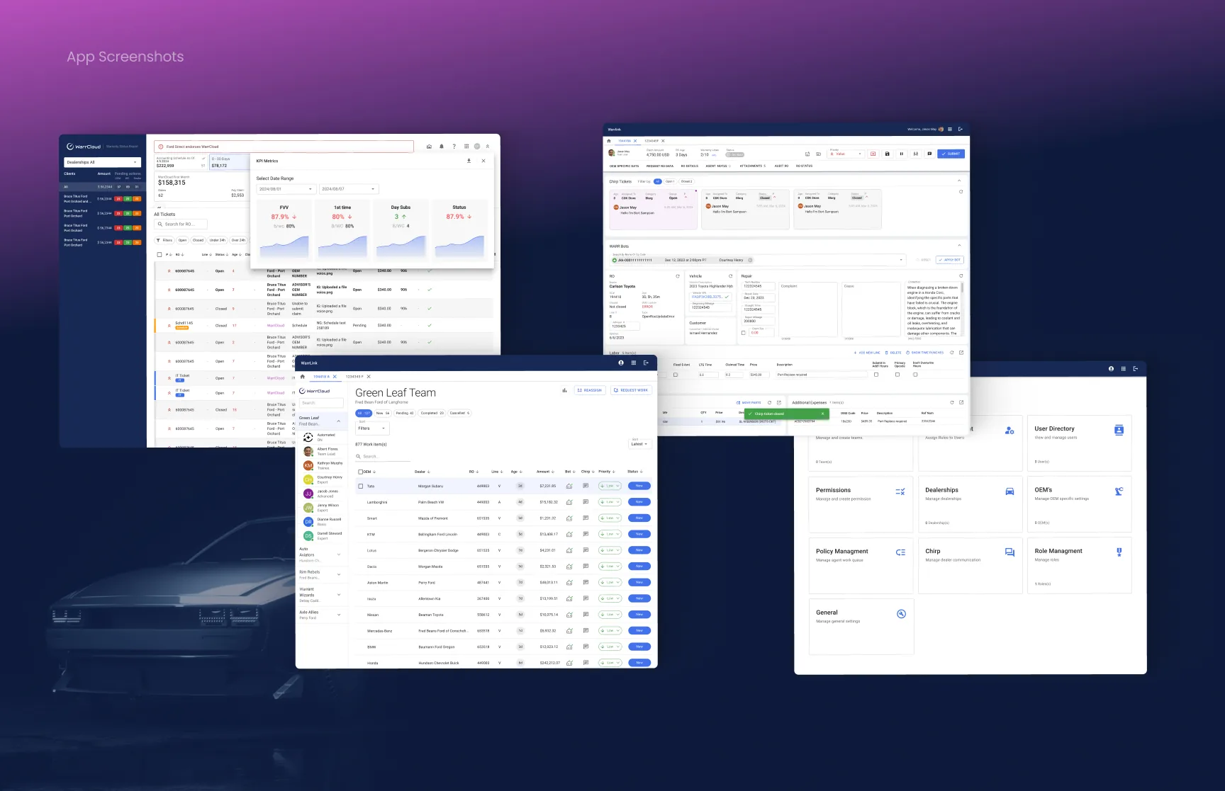 WarrCloud app screens: KPI metrics dashboard, claim detail form, work item table, and admin settings tiles