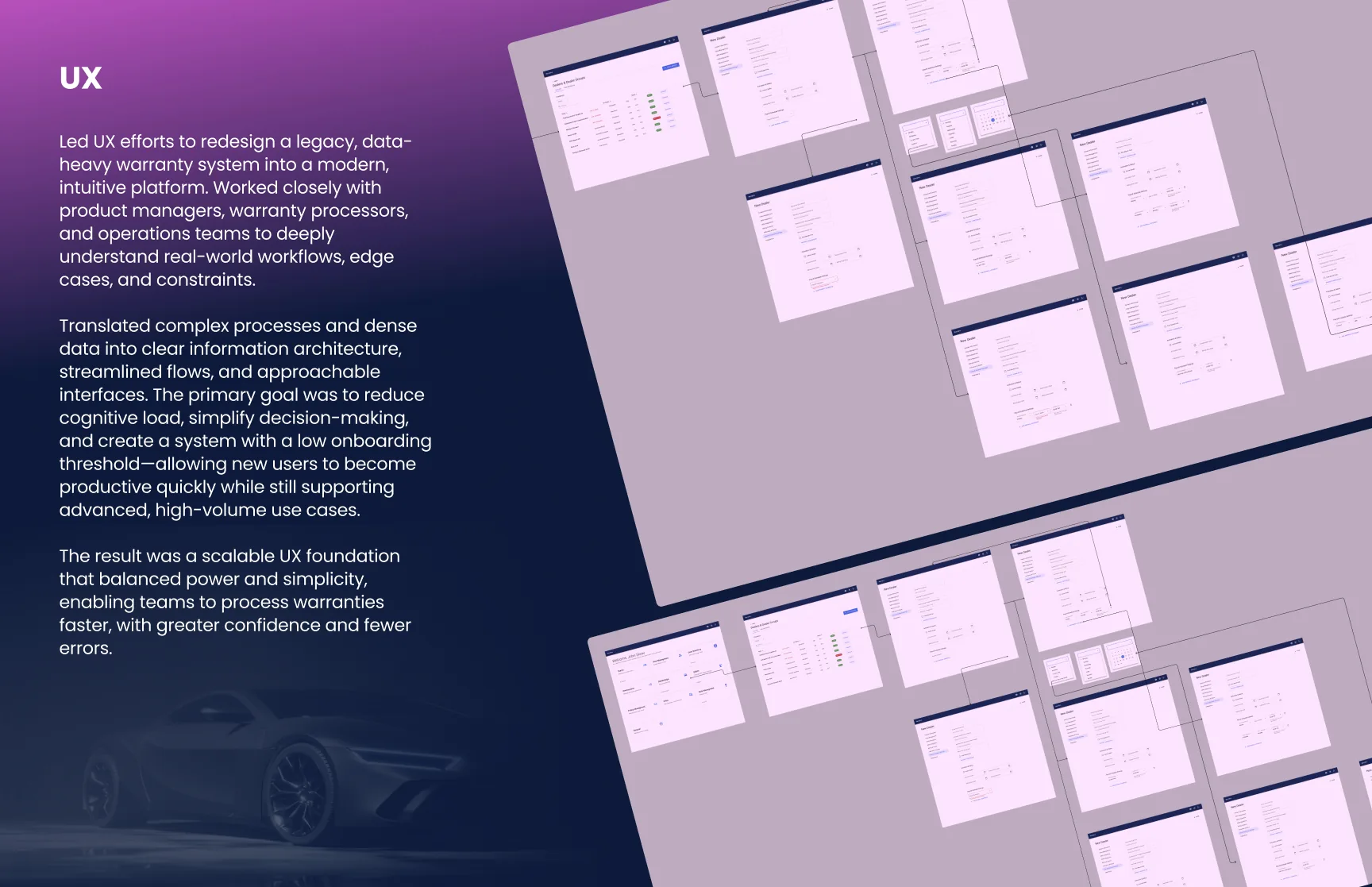 WarrCloud UX flow diagrams of dealer creation and dealer group screens connected by arrows