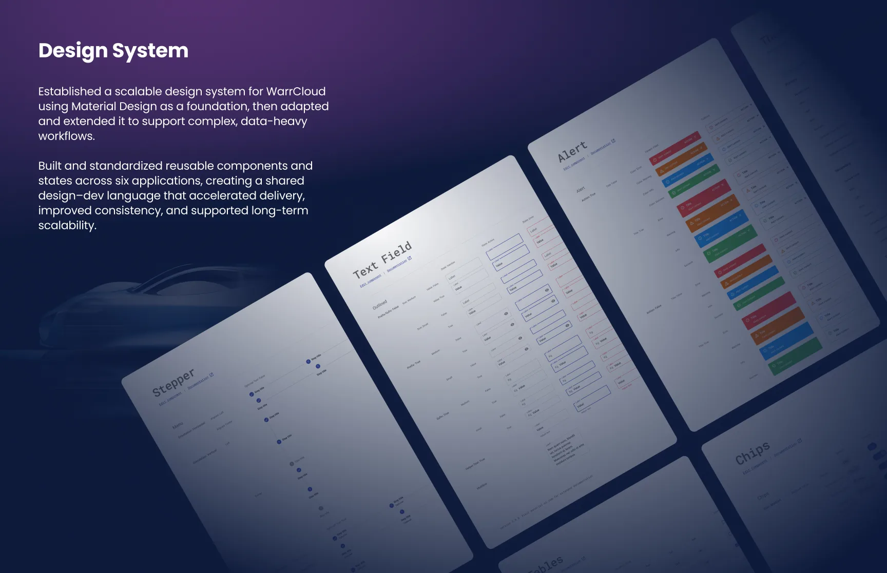 WarrCloud design system pages showing Stepper, Text Field, Alert, and Chips components